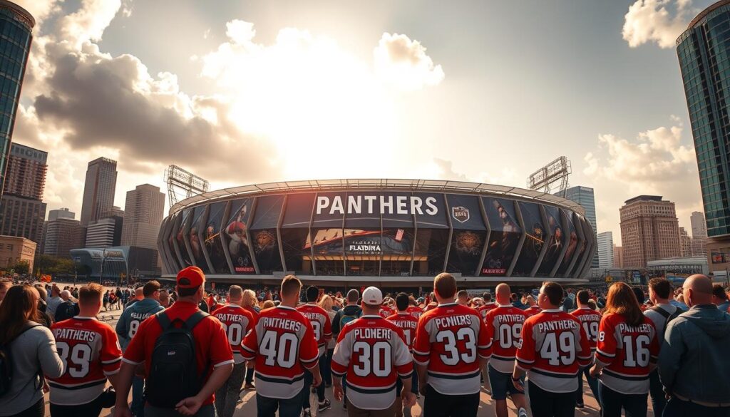 A high-quality travel package for die-hard Florida Panthers fans attending an away game, featuring a detailed panoramic view of the hockey arena's exterior. The main focus is a large modern stadium with a striking contemporary design, surrounded by a lively urban landscape of skyscrapers and city streets. In the foreground, a group of enthusiastic fans in team jerseys excitedly making their way towards the entrance, carrying team merchandise and sports memorabilia. Warm sunlight filters through fluffy clouds, creating a vibrant, energetic atmosphere that captures the thrill of an away game experience.