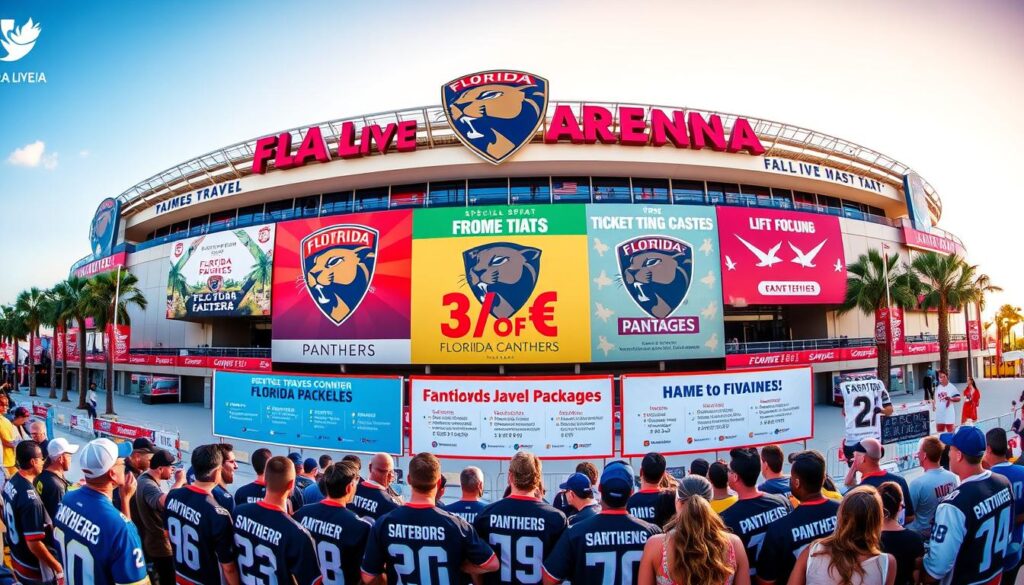 A panoramic shot of the FLA Live Arena, home of the Florida Panthers hockey team, with vibrant signage and banners showcasing special travel packages for fans. In the foreground, a group of enthusiastic Panthers supporters gathers, donning jerseys and hats, eagerly discussing their upcoming trip. The middle ground features a display of discounted airline tickets, hotel accommodations, and game ticket bundles, all tailored to provide a budget-friendly experience for the dedicated fanbase. The background is a warm, sun-drenched landscape, hinting at the allure of Florida's beaches and palm trees, creating a welcoming atmosphere for the Panthers' dedicated followers.